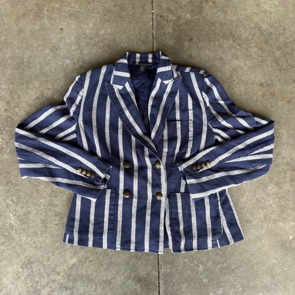 Lauren Ralph Lauren Striped Double Breasted Blazer Women's 8 Navy Grey Nautical